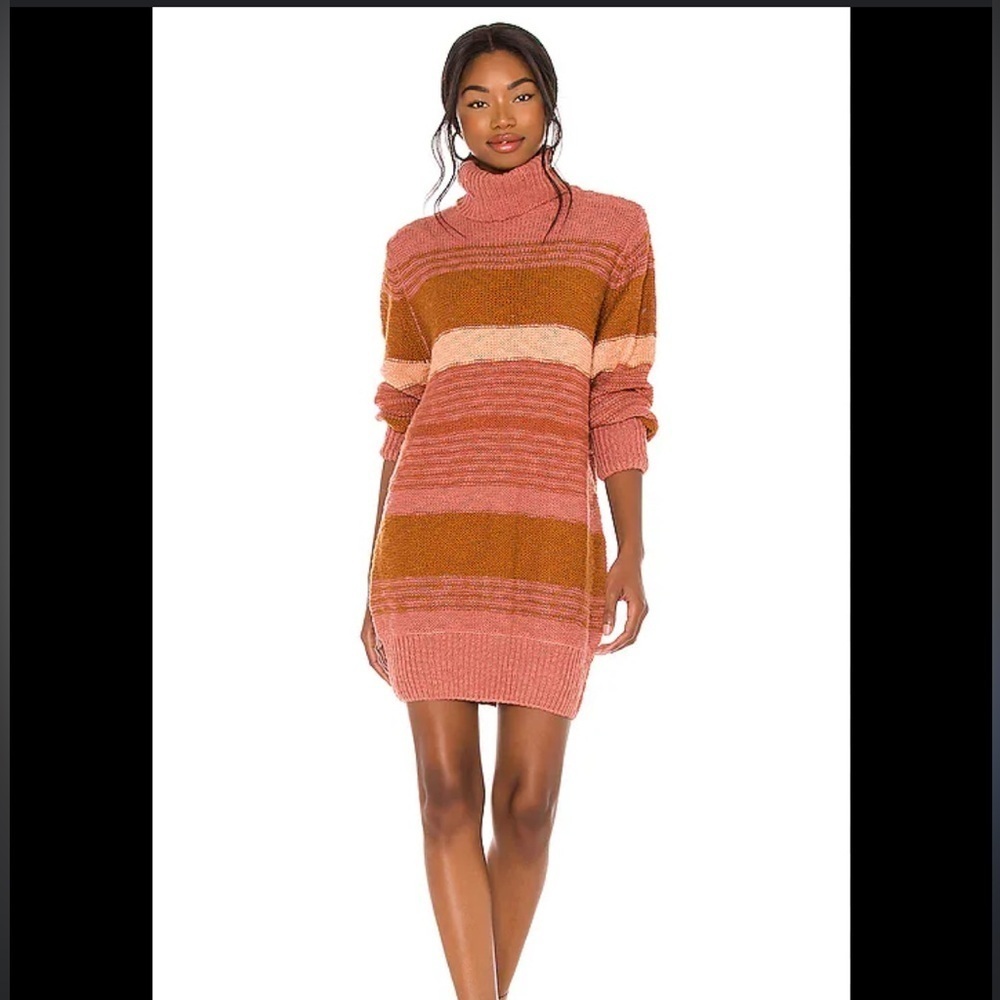 L*Space Pink Jetsetter Chunky Knit Turtleneck Long Sleeve Mini Sweater Dress